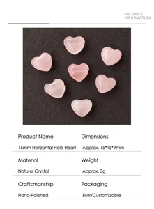Détail de perles de cœur en quartz rose naturel de 15 mm pour la création de bijoux.