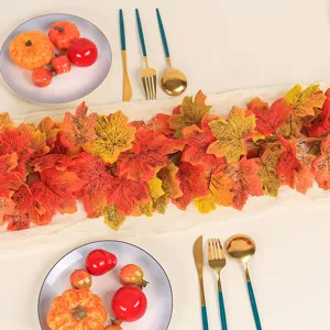 Overhead view of vibrant artificial maple leaf garland for festive table decoration