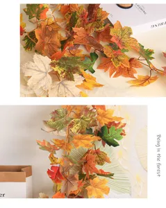 Detail showing the realistic texture and vibrant autumn colors of the artificial maple garland.