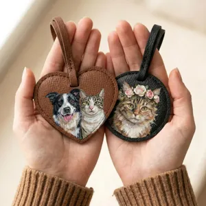 Hand Painted Pet PU Leather Bag Charm Cute Dog Cat Wallet Hanging Luggage Tag Decorative Pendant Memorial Gift For Pet Lovers