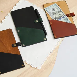 Close-up details of wooden and PU leather bill folders featuring metal rivets and color design.