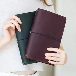 Vintage leren A5 notebookhoes met elastische band, detailweergave in twee kleuren.