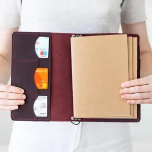 Gedetailleerd overzicht van de A5 vintage PU lederen notitieboek omslag met vakken.