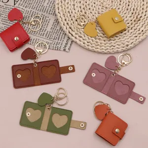 Minimalist Leather Photo Frame Keychain Mini Heart Cutout Picture Storage Holder Wallet Couples Portrait Album Key Ring Bag Charm Pendant Gift