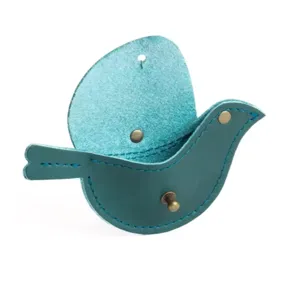 Bird shape leather mini coin purse detail, cute blue green pouch key chain accessory.