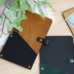 Wooden PU leather bill folder detail view, vintage restaurant menu pad and cash receipt holder.