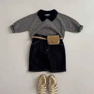 Kinder gestreiftes Polohemd Jeansshorts Gürteltasche Set Sommer lässiges Kinderoutfit