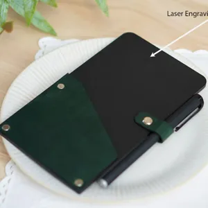 Wooden PU leather bill folder with green pocket and pen for restaurant table ordering service.
