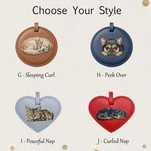 Hand-painted pet leather bag charm detail showing cute cat and dog pendant options.