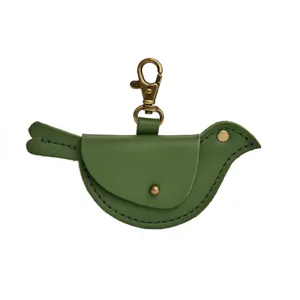 Green leather bird mini coin purse keychain, cute animal bag charm and coin holder accessory.