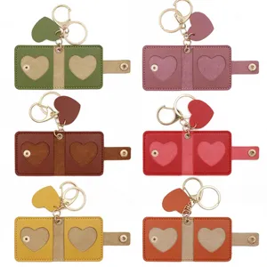 Mini leather folding photo keychain cute heart mini picture holder couple bag charm gift.