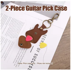 Estuche púa guitarra cuero PU llavero marrón forma guitarra soporte portátil 2 pzas
