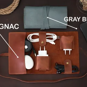 Vintage PU leather electronics organizer roll bag for cables chargers earbuds travel