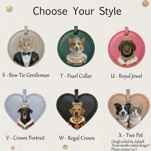 Close-up view of personalized pet leather bag charms showcasing unique custom portrait designs.