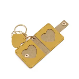 Mini leather photo album keychain cute heart hollow keyring couple photo holder pendant.