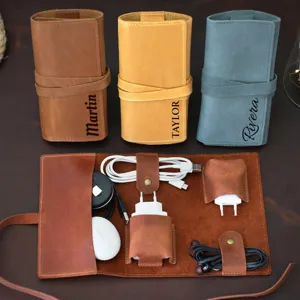 Retro PU Leather Electronics Organizer Bag Portable Roll Up Cable Storage Pouch For Charger Earphone Mouse Cord Case