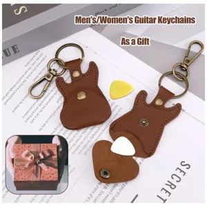 Llavero estuche de cuero PU para púa de guitarra con anillo de metal para músicos.