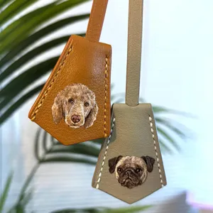 Handmade leather dog luggage tag hand-painted pet bag charm key chain pendant accessory.