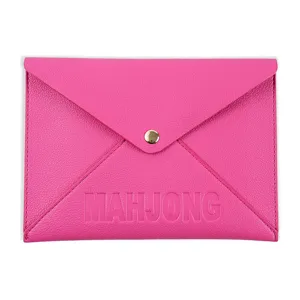 Pink PU leather mahjong storage pouch, stylish envelope design with gold snap button.