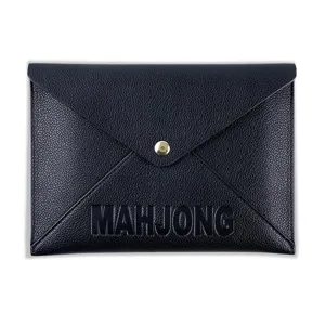 Black PU leather mahjong storage pouch envelope bag detail view showing embossed logo.