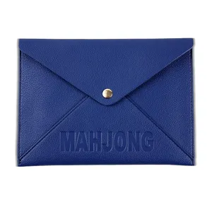 Blue PU leather mahjong storage bag detail, featuring embossed letters and a gold snap closure.