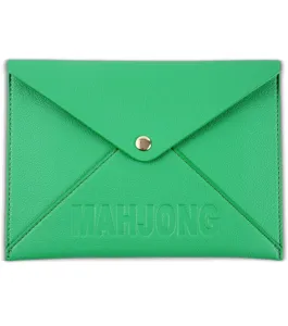 Green PU leather mahjong storage pouch, envelope bag with snap button, detailed view.