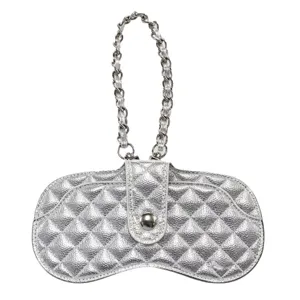Silver Quilted Sunglasses Pouch with Chain Strap Portable Leather Glasses Case Protective