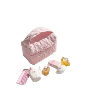 Pink toweling cosmetic bag, portable makeup pouch, cute travel toiletry storage organizer.