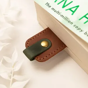 PU leather bookmark vintage page marker stylish reading accessory with metal snap button.