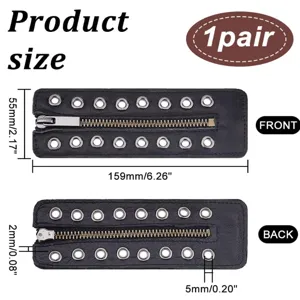 Detailed dimensions of the black PU leather zipper insert boot accessory with metal eyelets.