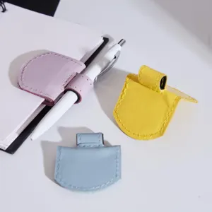 PU leather magnetic bookmark pen holder, multi-functional pen clip detail for notebook.