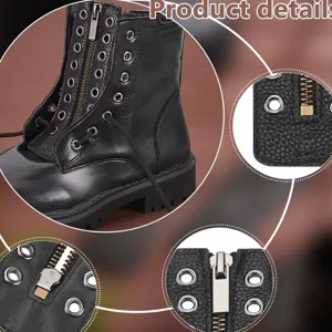 Black PU leather 8-hole boot zipper insert accessory detail view, close up shoe parts.