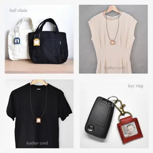 Mini leather photo frame keychain detail showing various usage scenarios like bags and necklaces.