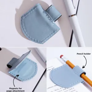 PU leather magnetic bookmark pencil holder, cute dual-use page clip and pen loop for books.