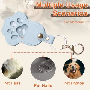 Detail view of the cute paw shaped pet memorial keychain showing usage for hair and photos.
