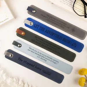 PU leather bookmarks set, multi-color stitched book page markers with inspiring quotes.
