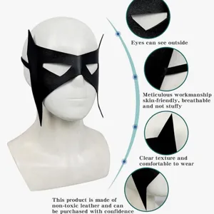 Black PU leather superhero mask Halloween costume party eye mask comfortable and breathable.