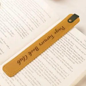PU leather bookmark with stitching detail and button loop, vintage reading page marker gift.