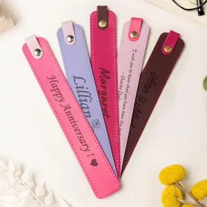 Colorful PU leather bookmarks set with custom laser engraved text and metal snap button for reading.