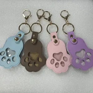 Cute pet memorial paw print keychain PU leather key ring photo holder accessories
