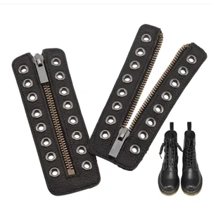 PU leather boot zipper insert 8-hole lace-free shoelace replacement accessory black