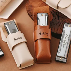 Portable PU leather harmonica case with custom laser engraving design, portable sleeve.