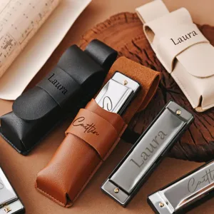 Customized PU leather harmonica case protective cover portable single bag with engraved name details.