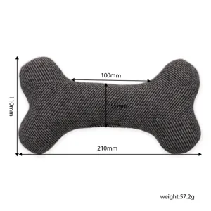 Grey herringbone pattern bone-shaped pet dog toy with dimension specs, durable and fun.