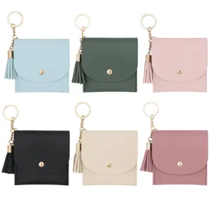 Mini portamonete corto in pelle PU con nappa e portachiavi, porta carte portatile.