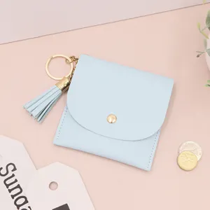 Portamonete in pelle azzurra con nappa e portachiavi, mini portafoglio porta carte tascabile.
