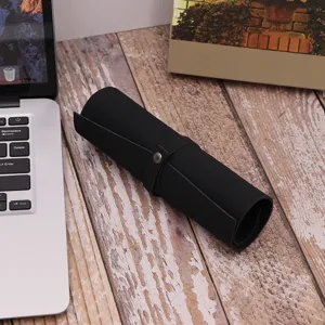 Portable black PU leather watch roll bag, minimalist vintage travel storage pouch for men and women