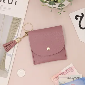 Mini borsellino portamonete in pelle PU con portachiavi a nappa carino portafoglio corto donna
