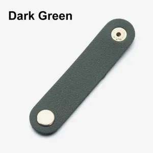 Dark green PU leather cable organizer strap with metal snap button for tidy earphone storage.