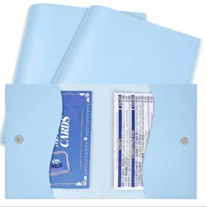 Light blue PU leather mahjong card storage bag rule card holder with magnetic snap.